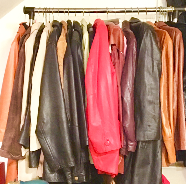 A rack of recycled leather coats