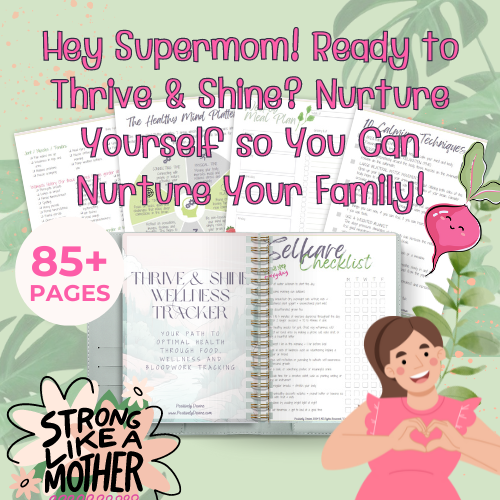 Thrive and Shine Wellness Tracker Mockup, pinks and greens, cartoon mom giving heart hands