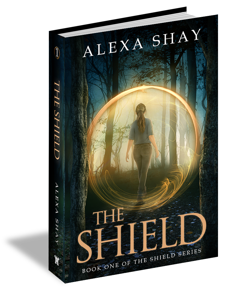 The Shield's book cover. It features a woman in a forest at night surrounded by a gold circle of power.