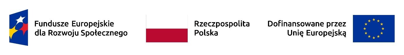Pasek z logotypami programu Fundusze Europejskie dla Rozwoju Społecznego, flagą Polski z podpisem ‘Rzeczpospolita Polska’ oraz flagą Unii Europejskiej z napisem ‘Dofinansowane przez Unię Europejską’.