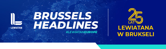 Baner newslettera Brussels Headlines Konfederacji Lewiatan. Po lewej logo Lewiatana i tytuł ‘Brussels Headlines’ z hasztagiem #LewiatanEurope na tle mapy Europy. Po prawej znak jubileuszowy ‘25 lat Lewiatana w Brukseli’.