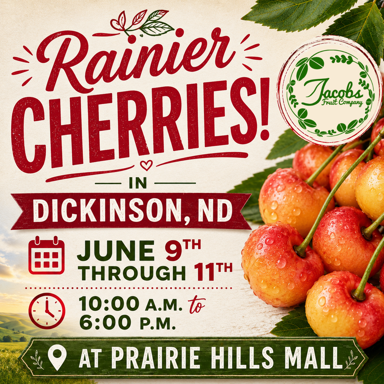 Rainier Cherries in Dickinson 6.9-11 @ Prairie Hills Mall 10-6