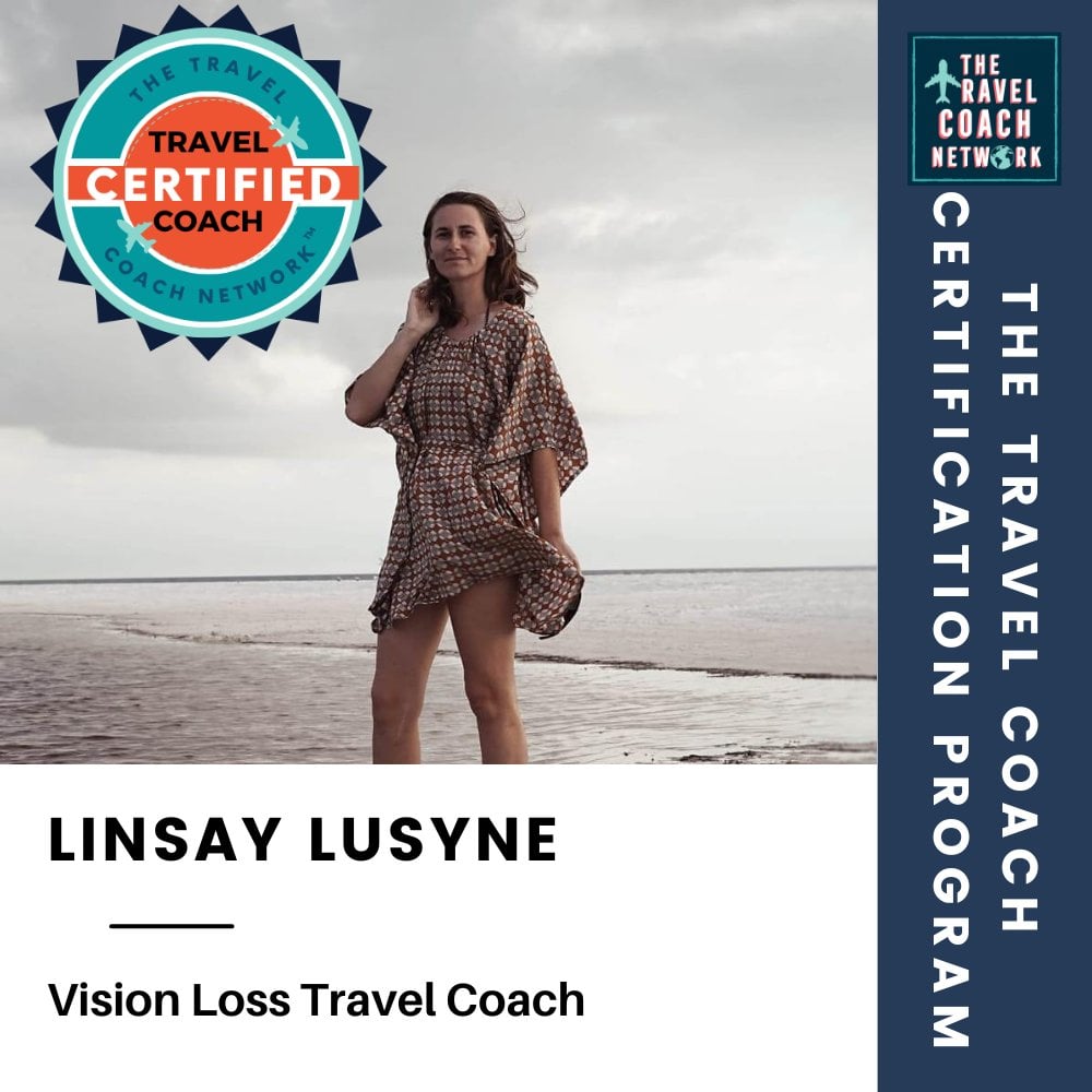 Linsay Lusyne on her Travel coach certification. Certified by the International Coaching Federation. She is standing on the beach.