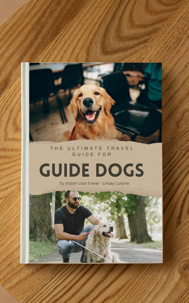 A photo of the E-book cover. The ultimate travel guide for guide dogs