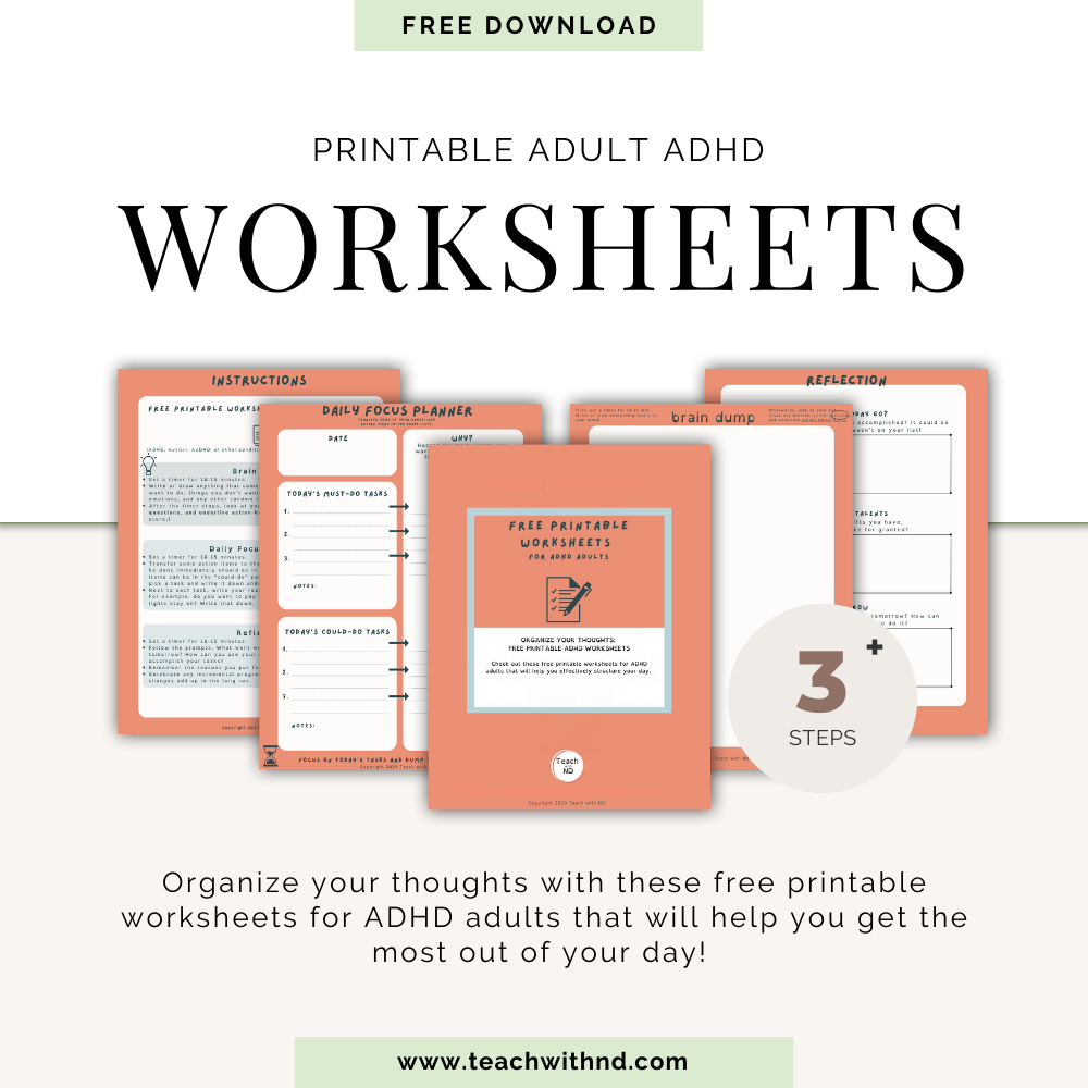 mockup of free adhd worksheets for adults from teach with nd, managing daily challenges, organization, brain dump, daily planner, reflection