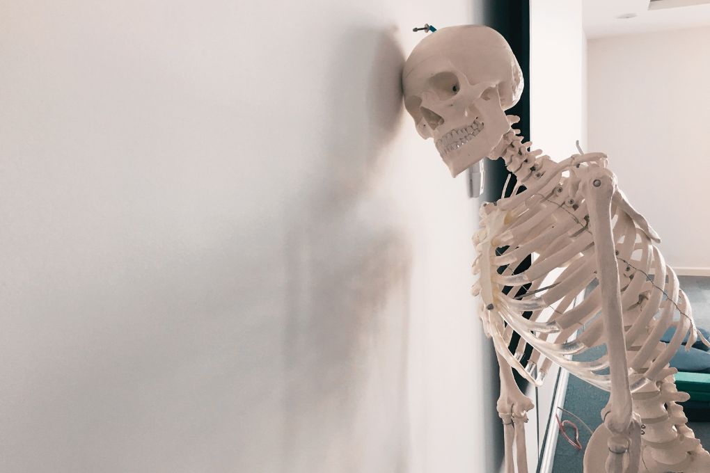 Modell eines menschlichen Skeletts, das mit dem Kopf gegen eine Wand lehnt – ein humorvoller Hinweis auf die Folgen von Knochenschwund und Osteoporose.