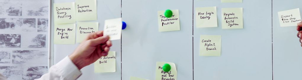 Personen ordnen Haftnotizen auf einem Whiteboard, symbolisch für die Planung und Strukturierung eines Workshops, um maßgeschneiderte Maßnahmen für den Wechseljahres-Workshop zu entwickeln.