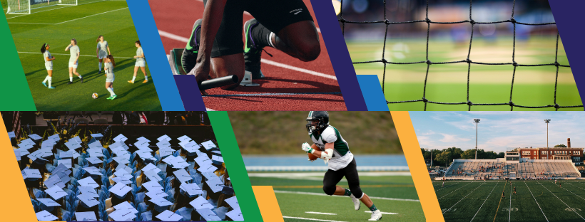 Photo collage of high school athletes playing soccer, track and football, a stadium and a graduation ceremony