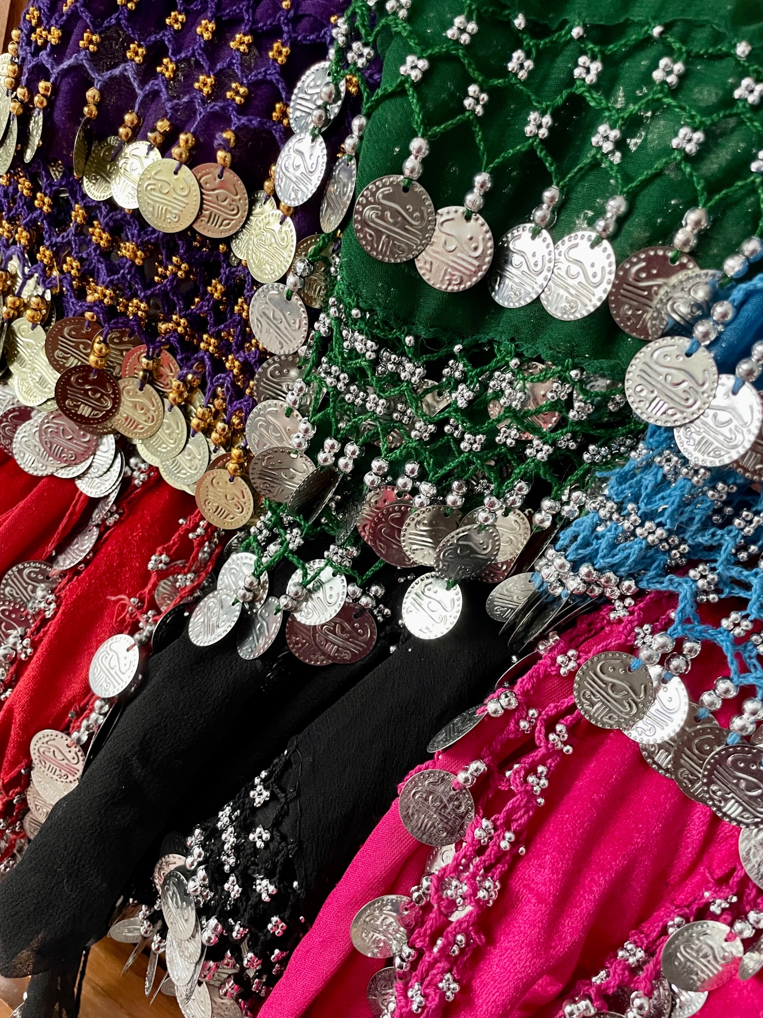 Lana has created a display of coin belts ready for a SharQui Bellydance fitness class.