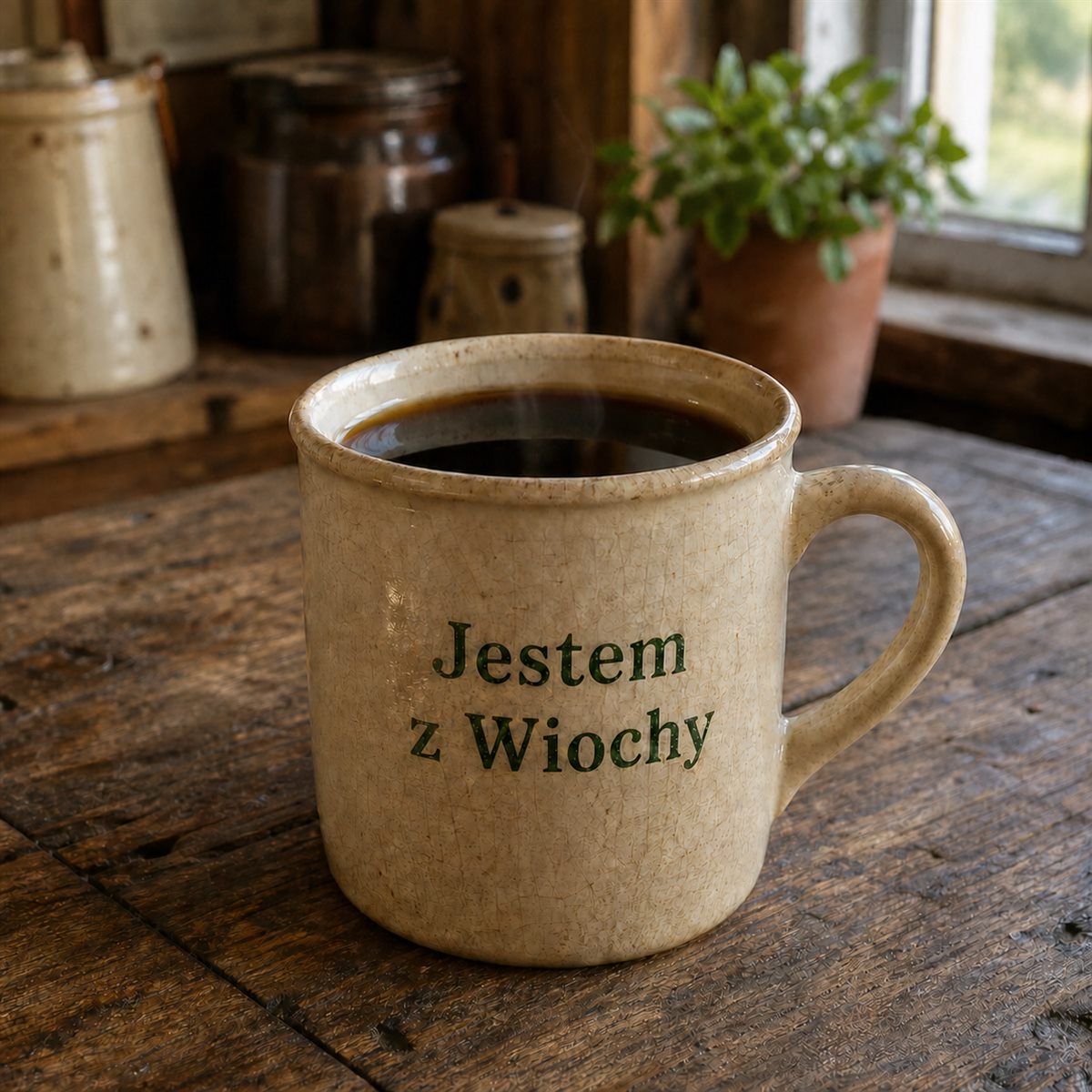 Beżowy kubek z parującą czarną kawą i napisem „Jestem z Wiochy” na drewnianym stole.