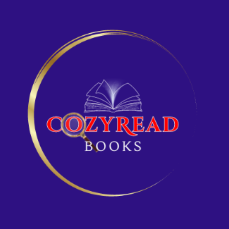 cozyread logo, white open book, magnifying glass over the O of cozy
