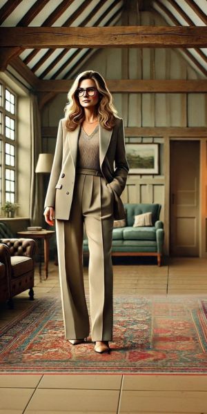 Dr Evelyn Moore at home, blonde woman, loose fitting suit, black glasses