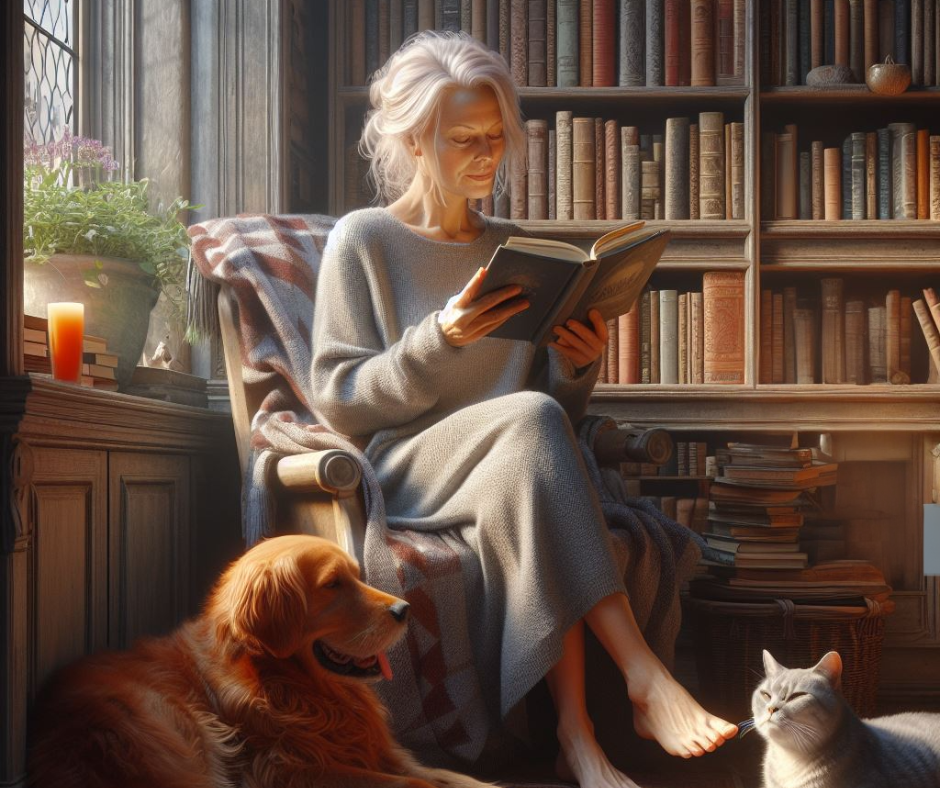 blonde Gen X woman reading, dog and cat, cozy setting