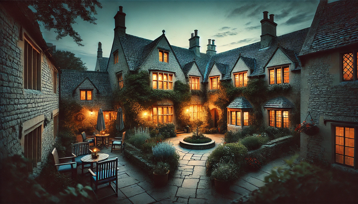 a Cotswolds Inn from the 1800s, courtyard view and glowing windows