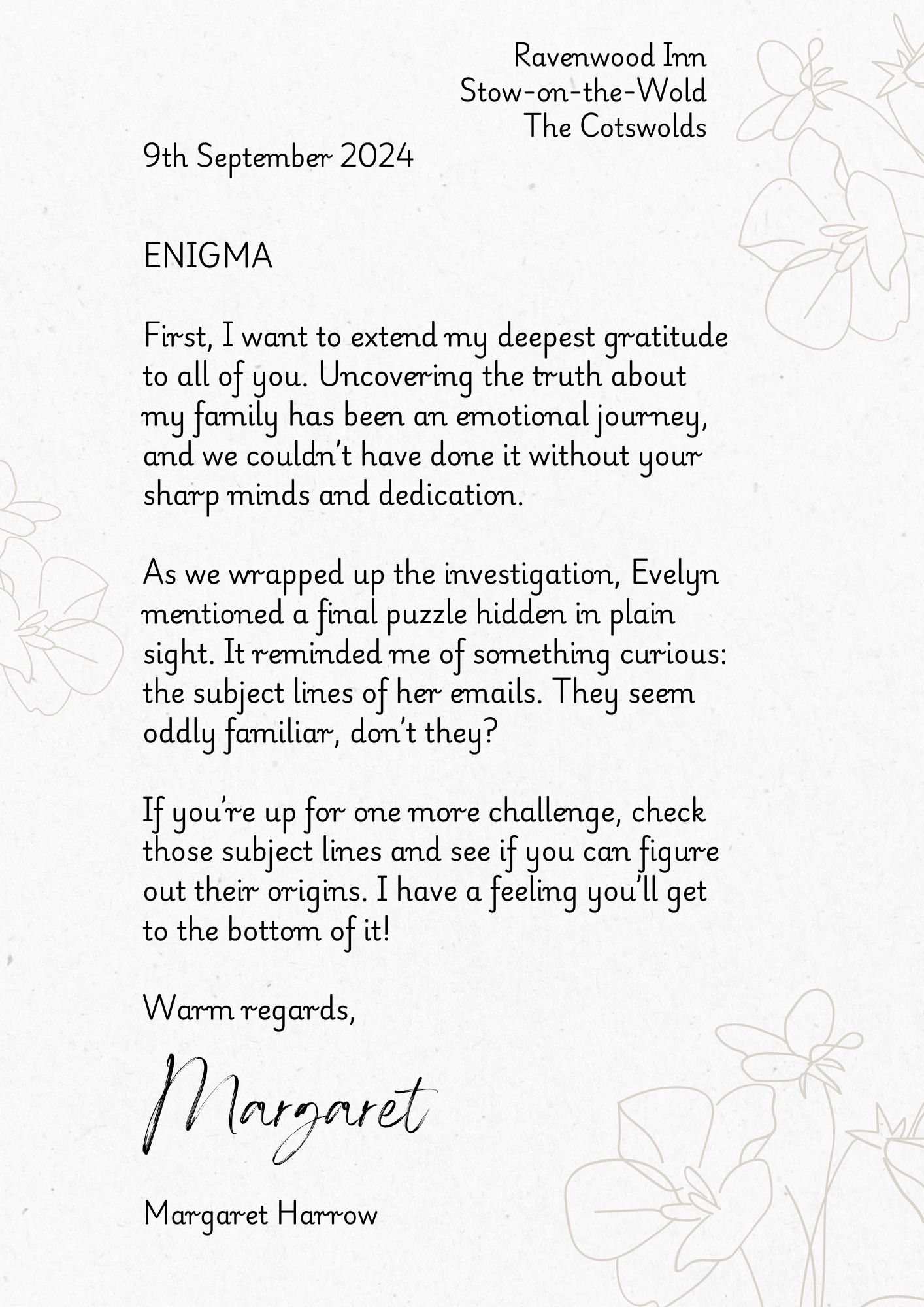 Margaret Harrow's bonus puzzle letter