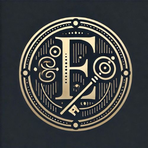 ENIGMA logo, gold E, key on a grey background
