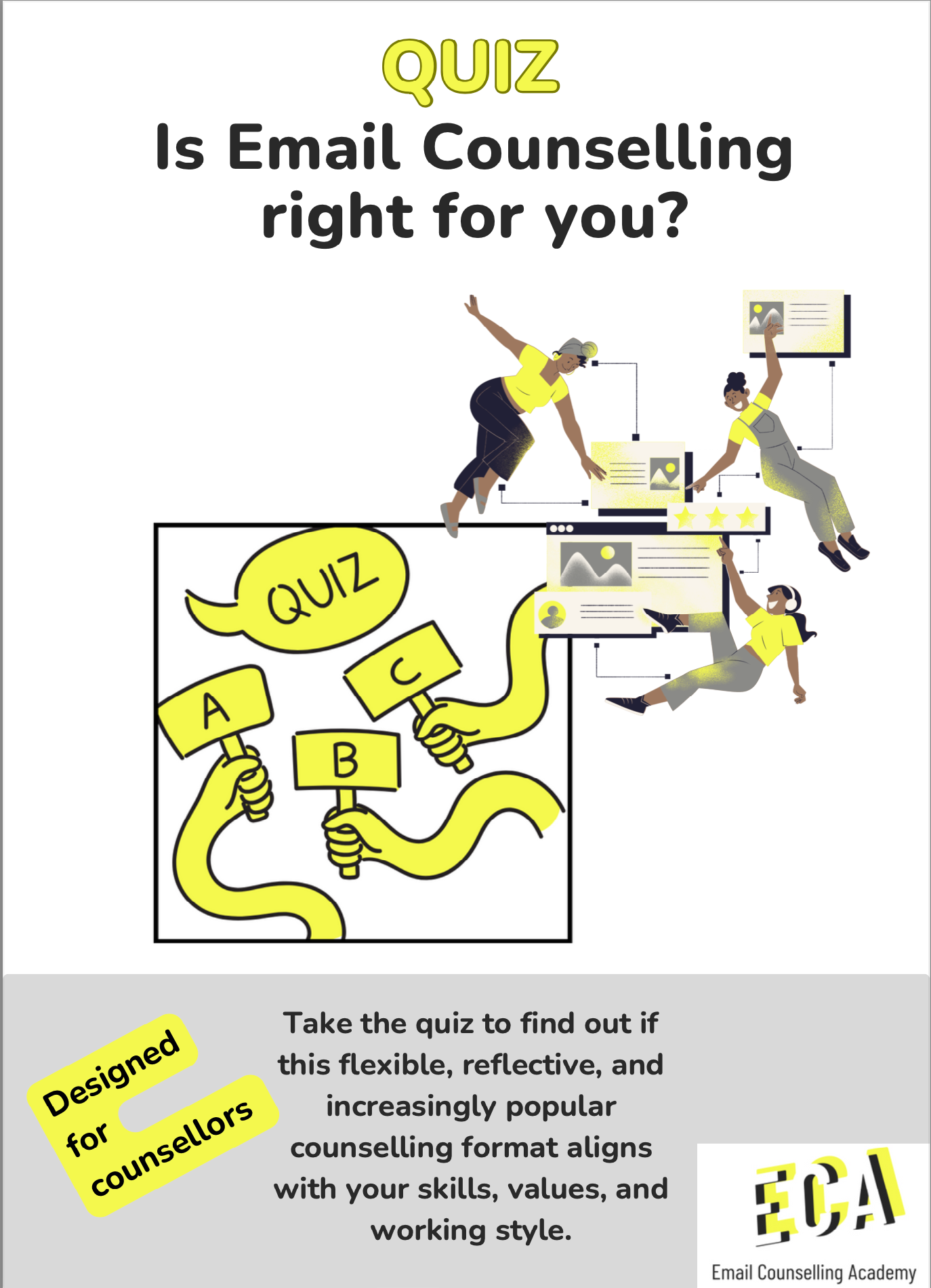 Front cover of Quiz with images of 3 people floating whist taking the quiz and the ECA logo. The text included reads, Is Email Counselling right for you? Designed for Counsellors. Take the quiz to find out if this flexible, reflective, and increasingly popular counselling format aligns with your skills, values, and working style.
