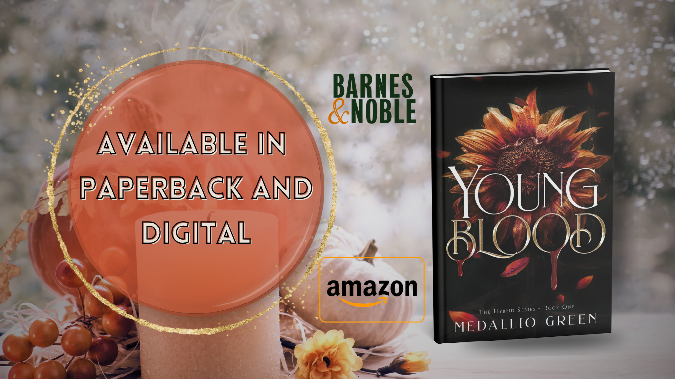 young blood the hybrid series book on iphone digital and paperback, phone sitting in a bed of pumpkins and candles