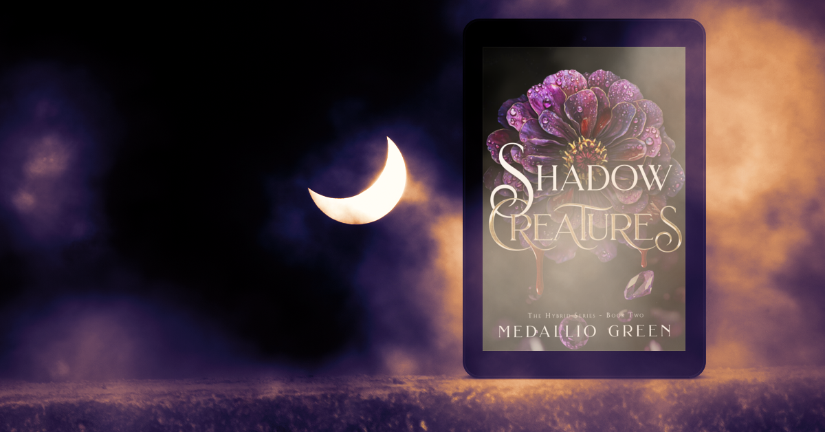 the hybrid series book 2 shadow creatures by medallio green purple feverwort flowers; castle hallway background with gold specks on the ceiling and floor; Calling Alpha Readers! Click here to sign up