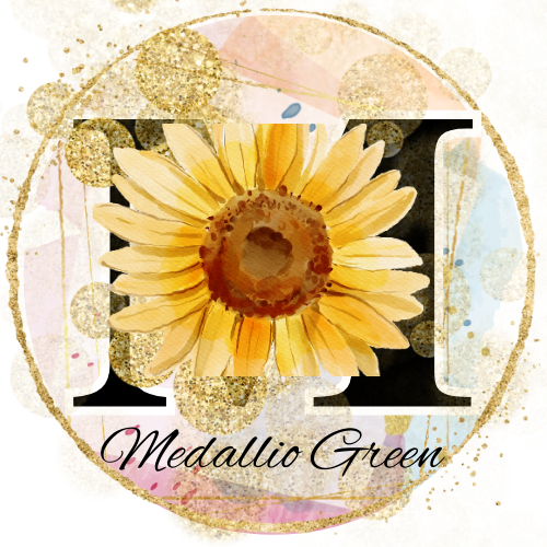 Medallio Green author; M with sunflower in the middle of letter in golden circle with gold glitter