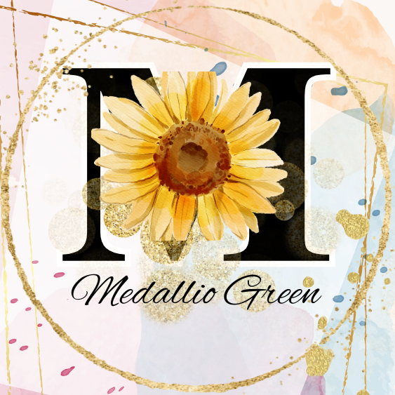 Medallio Green author; M with sunflower in the middle of letter in golden circle with gold glitter