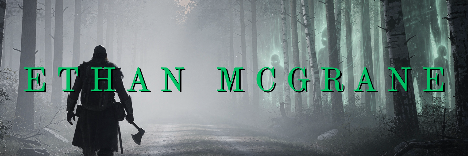 Header image with a Viking and a haunted forest