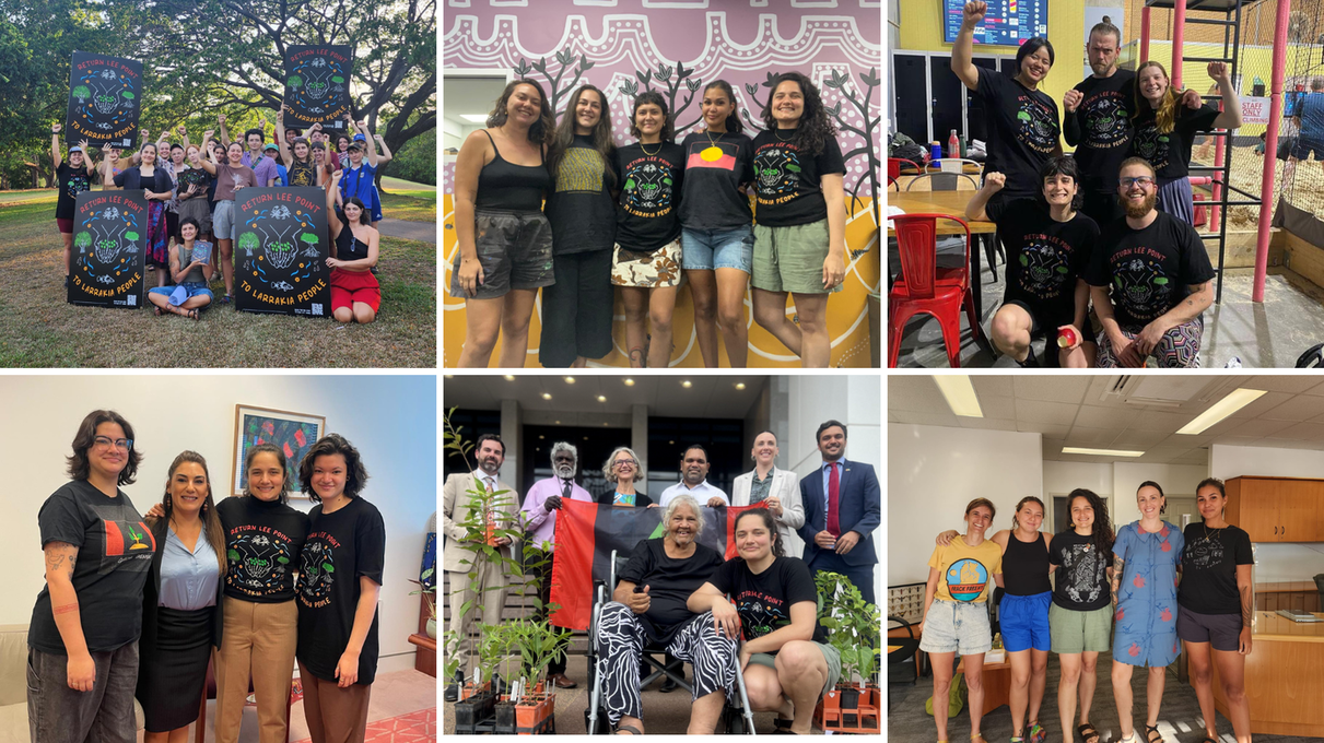 A collage of photos from our movement including young people wearing the t-shirts and holding our signs, Aunty June Mills delivering our petition to the NT government, Senator Lidia Thorpe receiving our Federal petition, Kat and Suki of the NT Greens meeting with us