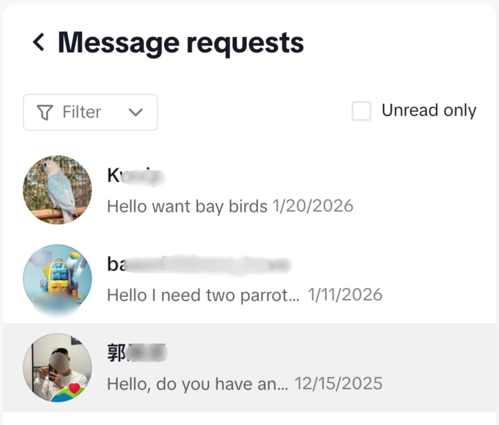 Tiktok DM inbox, including messages that say 