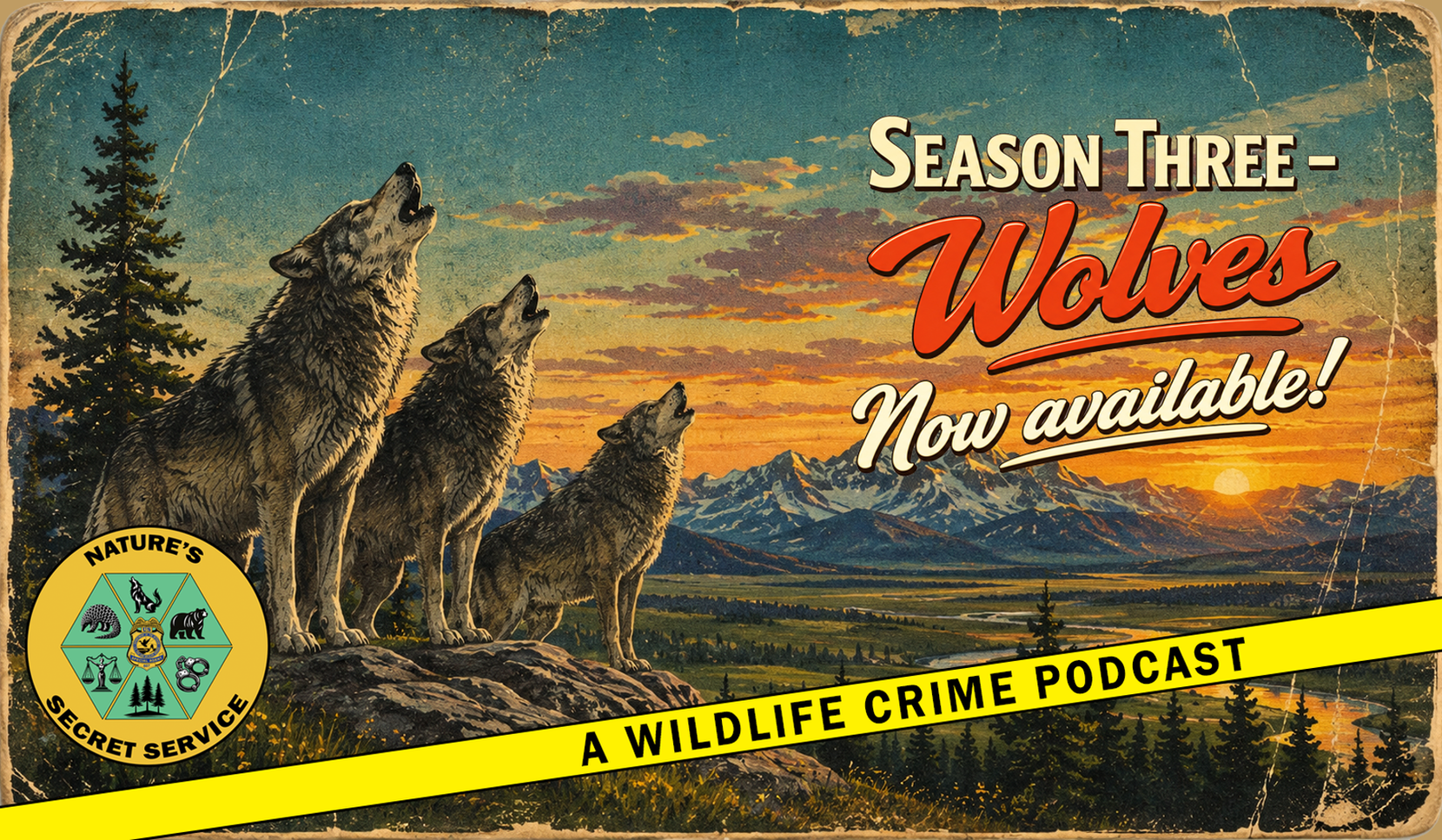 mock old-fashioned postcard showing howling wolves with text "Season Three - Wolves. Now available!"
