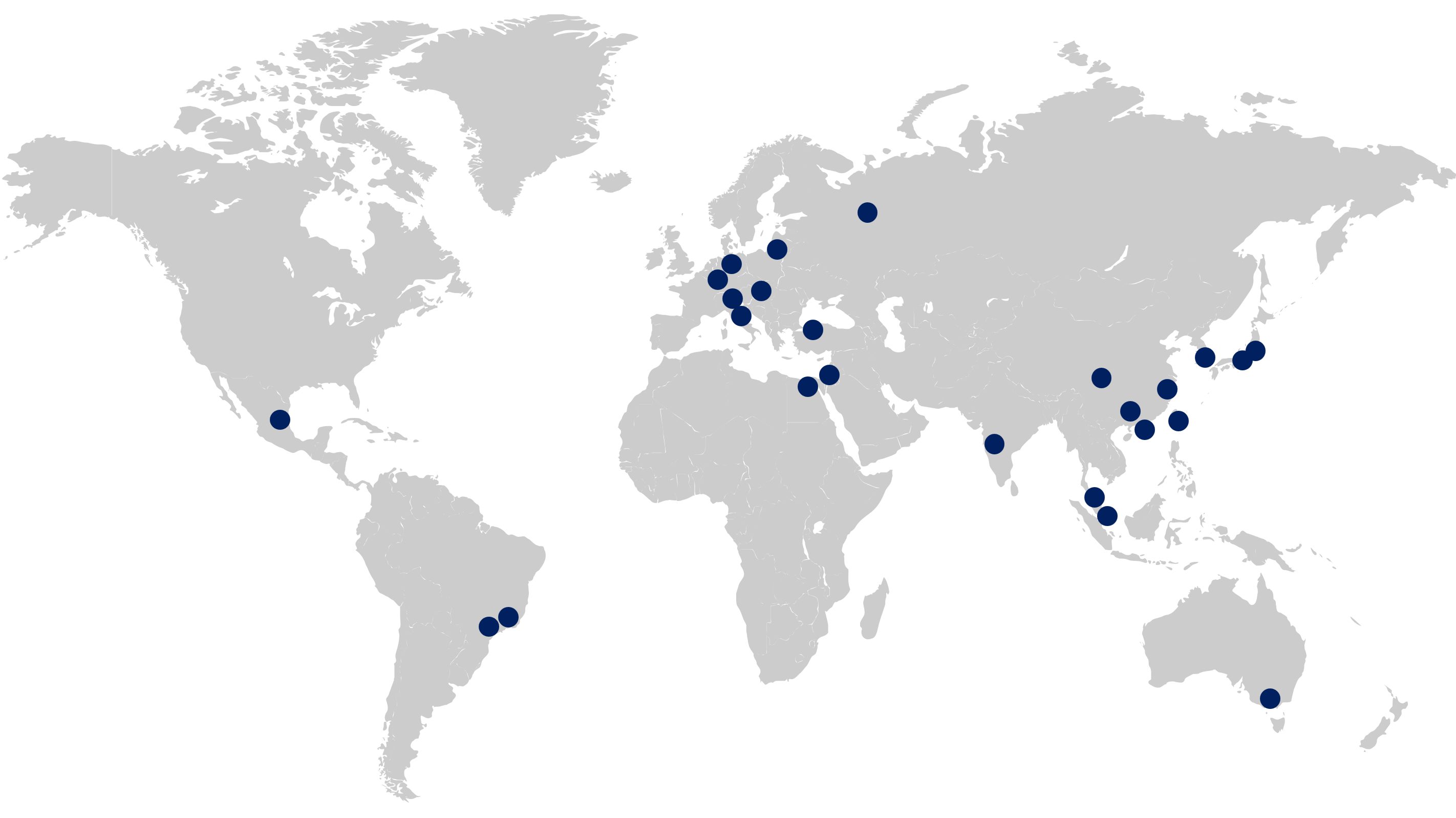 Map showing 25 Dialogue locations: Monterey, Sao Paulo, Hamburg, Frankfurt, Milan, Vienna, Vilnius, Istanbul, Cairo, Holon, Moscow, Mumbai, Chengdu, Kuala Lumpur, Singapore, Shenzhen, Hong Kong, Taipei, Rio de Janeiro, Shanghai, Seoul, Tokyo, Melbourne.