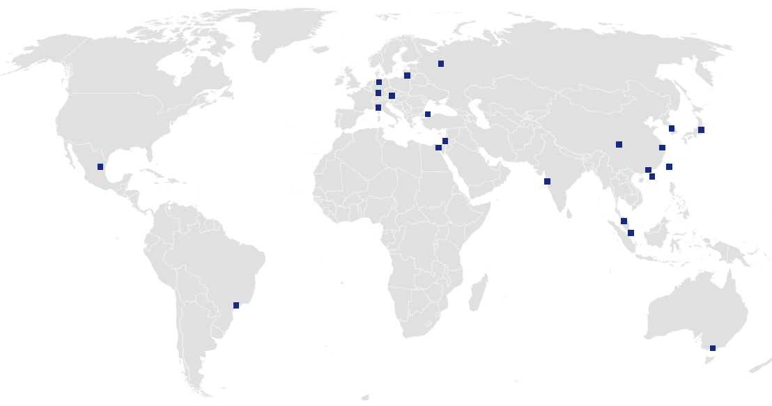 Map showing 23 Dialogue locations: Monterey, Sao PAulo, Hamburg, Frankfurt, Milan, Vienna, Vilnius, Istanbul, Cairo, Holon, Moscow, Mumbai, Chengdu, Kuala Lumpur, Singapore, Shenzhen, Hong Kong, Tapei, Shanghai, Seoul, Tokyo, Melbourne