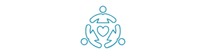 Three stylized people icons with their hands joined around a central heart