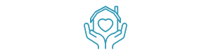 Two hands gently holding a house with a heart inside, symbolizing care, hospitality, and a welcoming space.