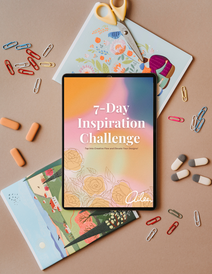 image of a top down view of an iPad featuring the 7-Day Inspiration Challenge displayed. various art supplies surround the iPad sitting on a desk.