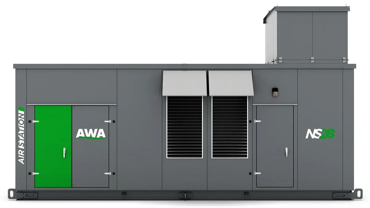 All Weather Air Nitrogen Station NS20 enclosed nitrogen generation system with industrial compressor, air treatment equipment, and modular weatherproof housing.
