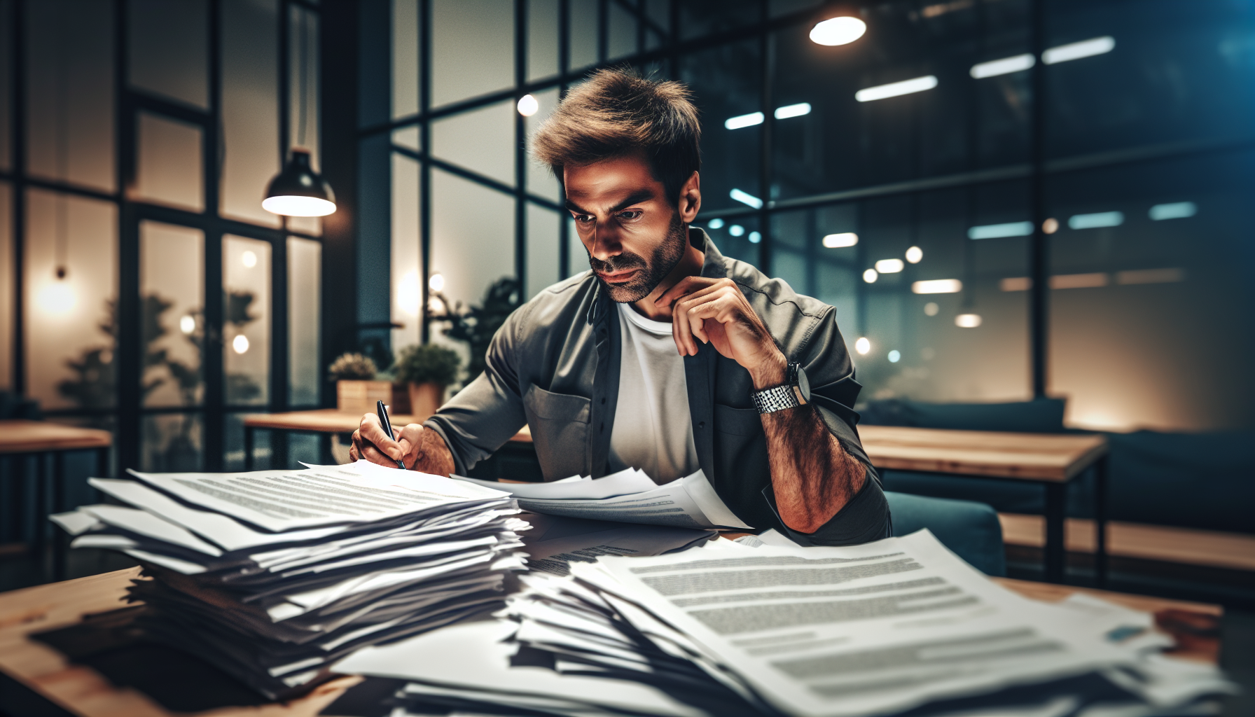 człowiek siedzący przy stosie dokumentów
